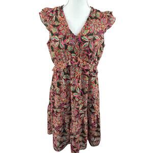 J Crew Green Orange Floral Ruffle V-neck Tiered Dress Size 4